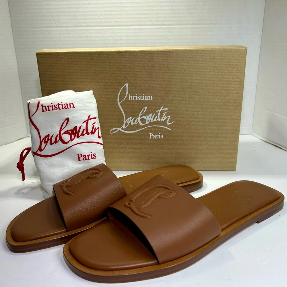 CHRISTIAN LOUBOUTIN CL MULE FLAT SANDAL EMBROIDERED LOGO BROWN LEATHER SZ 39 NEW - Picture 8 of 15